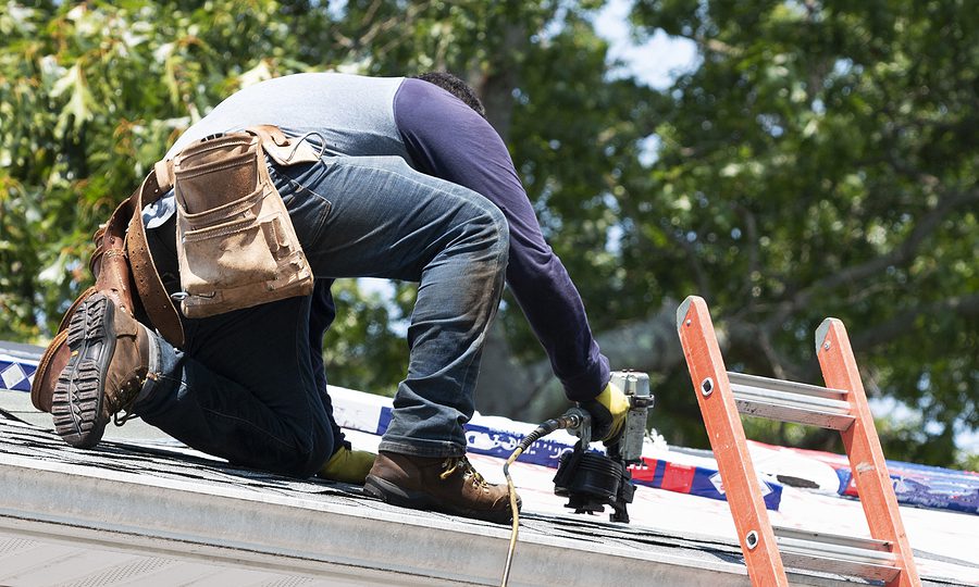 Professional roofer kneeling on a roof, nailing new shingles on a roof with a nailgun. 