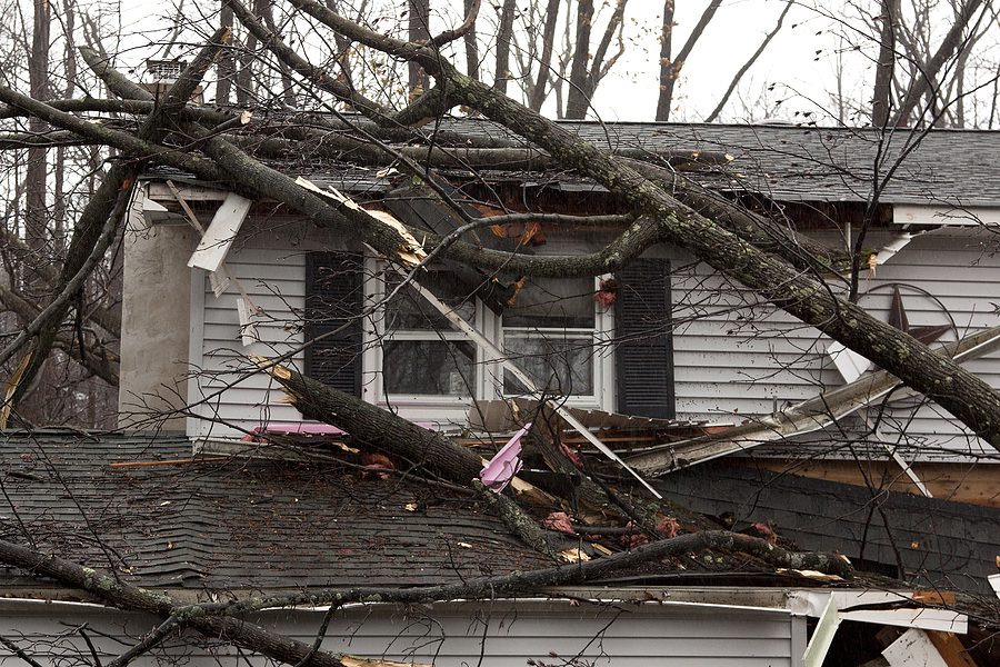 A white house with significant roof damage from fallen tree branches due to a storm. 